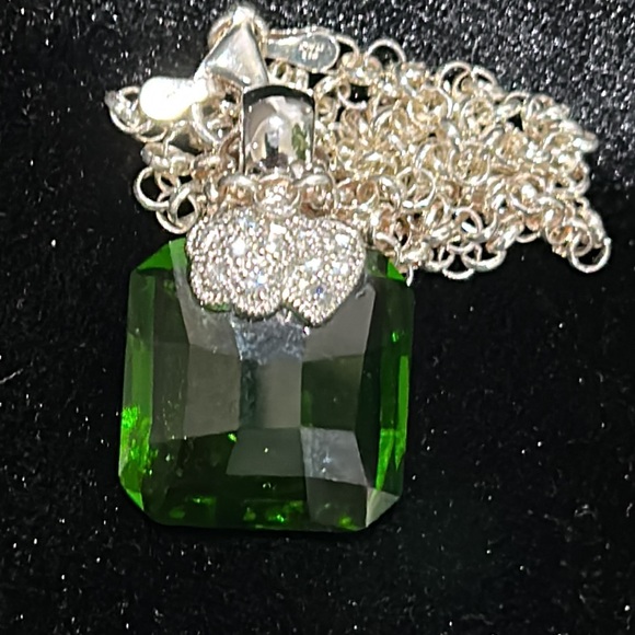 #11 Vintage Pendant, Green Princess cut Stone/Clear Crystal Accents, 925, 16" - Picture 5 of 9